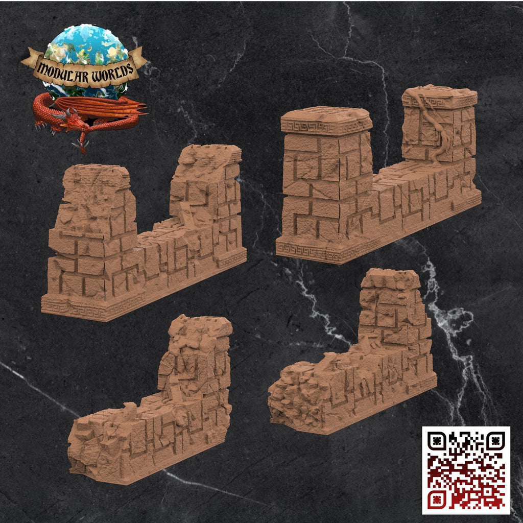 Aztec Ruined Walls (Set of 4): Tabletop Gaming Miniature (Resin 3D Print)