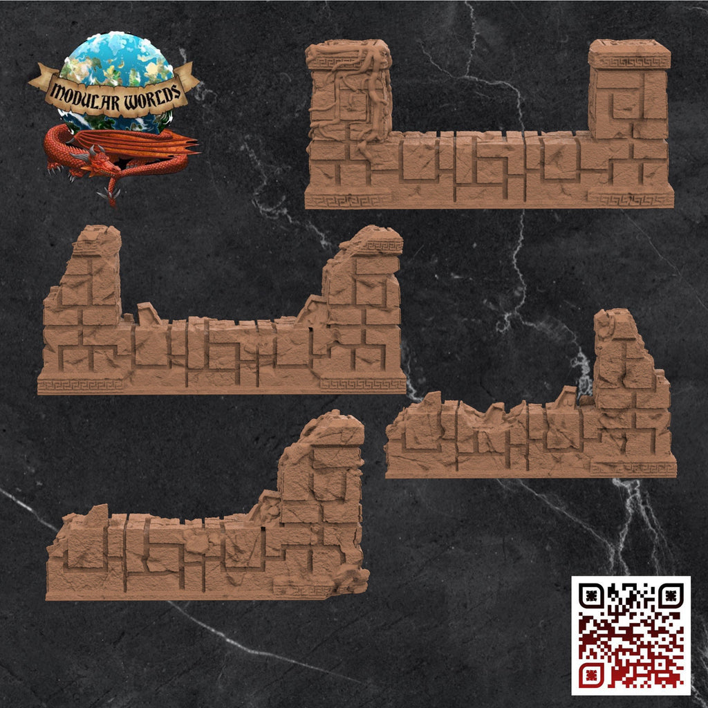 Aztec Ruined Walls (Set of 4): Tabletop Gaming Miniature (Resin 3D Print)
