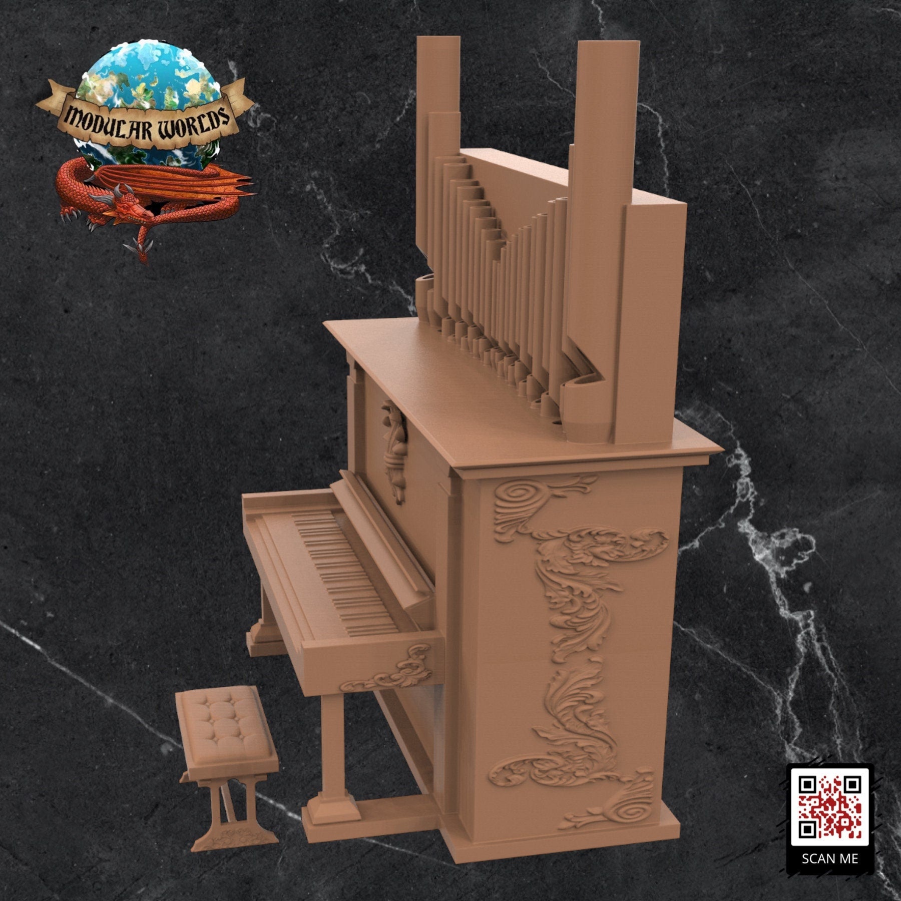 Church Organ & Stool: Tabletop Gaming Miniature (Resin 3D Print)